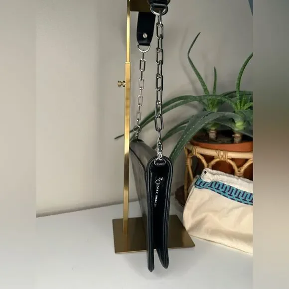 Tory Burch Black Leather Fold-Over Clutch | Removable Chain Strap | Silver Logo - Picture 2 of 12